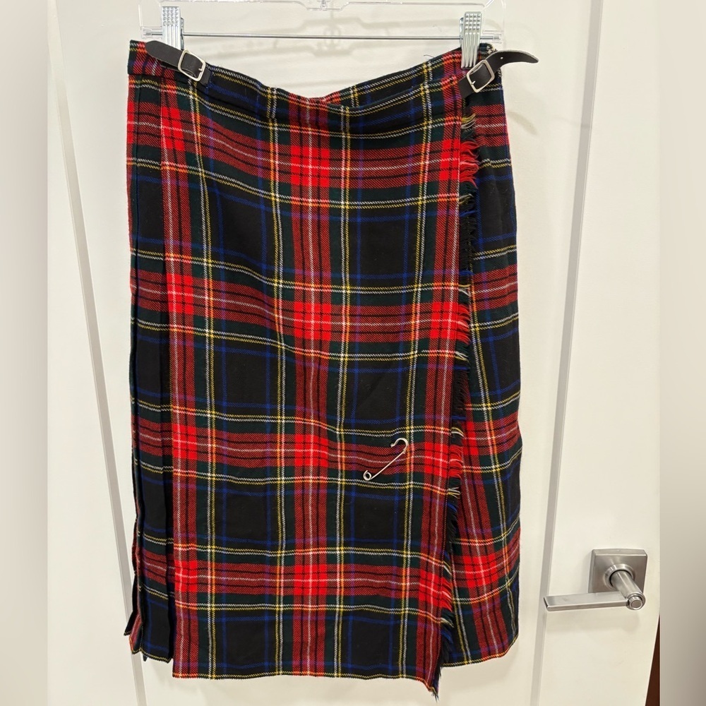 Vintage Woolmark Tartan Plaid Pleated Skirt With Kilt Pin